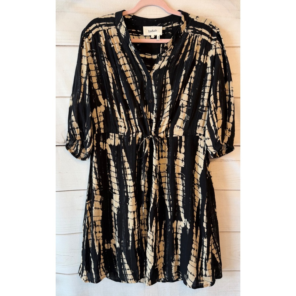 Ba&sh Lady Dress Black Cream Tie Dye Metallic Shimmer Mini Dress Size L